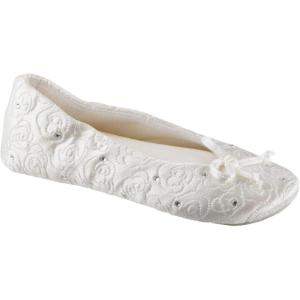 image:imageisotoner Womens Rose Quilted Ballerina Slippers With Rhinestone Embellishment and Genuine Suede SoleWhite
