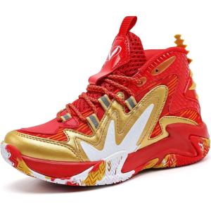 imageJMFCHI Kids Basketball Shoes Hightop Sports Shoes Sneakers Durable Laceup NonSlip Running Shoes Secure for Little Kids Big Kids and Boys GirlsGoldRed8151