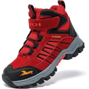 imageJMFCHI Kids Hiking Boots Boys Girls Outdoor Walking Climbing Sneaker Comfortable Nonslip Snow Shoes Hiker Boot Antiskid Steel Buckle Sole3red