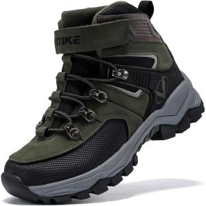 imageJMFCHI Kids Hiking Boots Boys Girls Outdoor Walking Climbing Sneaker Comfortable Nonslip Snow Shoes Hiker Boot Antiskid Steel Buckle Sole8112black Green