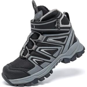 imageJMFCHI Kids Hiking Boots Boys Girls Outdoor Walking Climbing Sneaker Comfortable Nonslip Snow Shoes Hiker Boot Antiskid Steel Buckle Sole8163black Grey Silver