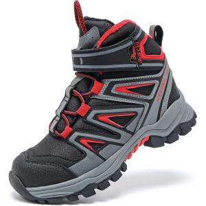 imageJMFCHI Kids Hiking Boots Boys Girls Outdoor Walking Climbing Sneaker Comfortable Nonslip Snow Shoes Hiker Boot Antiskid Steel Buckle Sole8163black Red