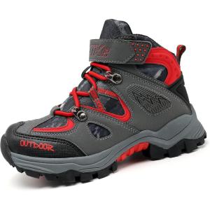 imageJMFCHI Kids Hiking Boots Boys Girls Outdoor Walking Climbing Sneaker Comfortable Nonslip Snow Shoes Hiker Boot Antiskid Steel Buckle SoleRedBlackGrey