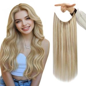 imagefshine Human Hair Extensions Wire Hair Honey Blonde Highlighted Platinum Blonde Natural Wire Hair Extensions Invisible Hairpieces Secret Fish Extensions 70g 14 Inch 24692 Ounce