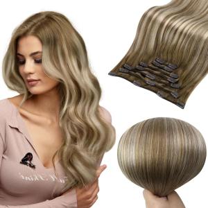 imageFull Shine Clip in Hair Extensions Human Hair 22 Inch Ombre Chestnut Brown to Platinum Blonde Mix Brown Hair Extensions Real Human Hair Clip ins Balayage Long Remy Human Hair Extensions 7pcs 120g