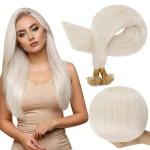 imageFull Shine Ktip Keratin Hair Extensions 24Inch Long Tip Fusion Hair Extensions Human Hair Color 1000 Ice Blonde Ktip Hair Extension Real Human Hair 50G Prebonded Human Hair Extension Natural for Women