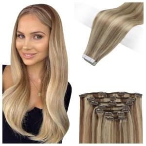 imageFull Shine Blonde Human Hiar Extesions Bundle 18 Inch Highlight 120 Grams Clip in Hair Extensions Add 50 Grams Tape in Extensions 20 Pcs Straight Real Remy Hair Extensions