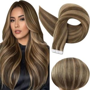 imageFull Shine Tape in Hair Extensions 18 Inch Color 4P27 Medium Brown Highlighted Honey Blonde Tape Hair Extensions Double Sided Hair Extension Tape ins Real Remy Human Hair 50g 20pcs Invisible Skin Weft