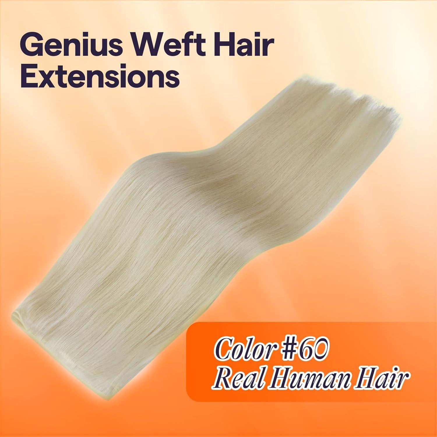 imageFull Shine 20 Inch Genius Weft Extensions Hand Tied Weft Hair Extensions Straight Human Hair Color Platinum Blonde Hair Extensions Sew In 60G Sew In Human Hair