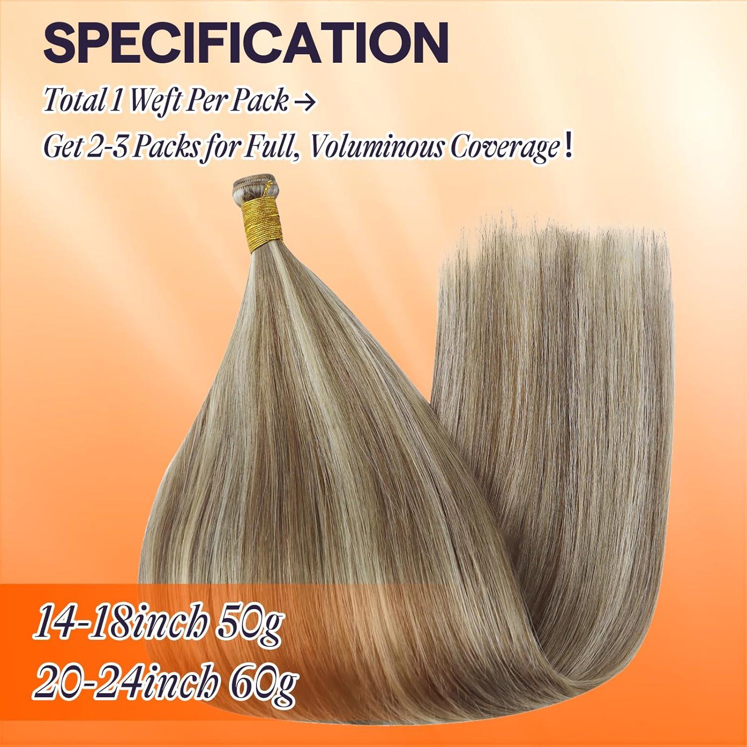 imageFull Shine 22 Inch Genius Weft Hair Extensions Human Hair Hand Tied Hair Extensions Real Human Hair Color Light Brown Highlight Platinum Blonde Human Hair Bundles 60G