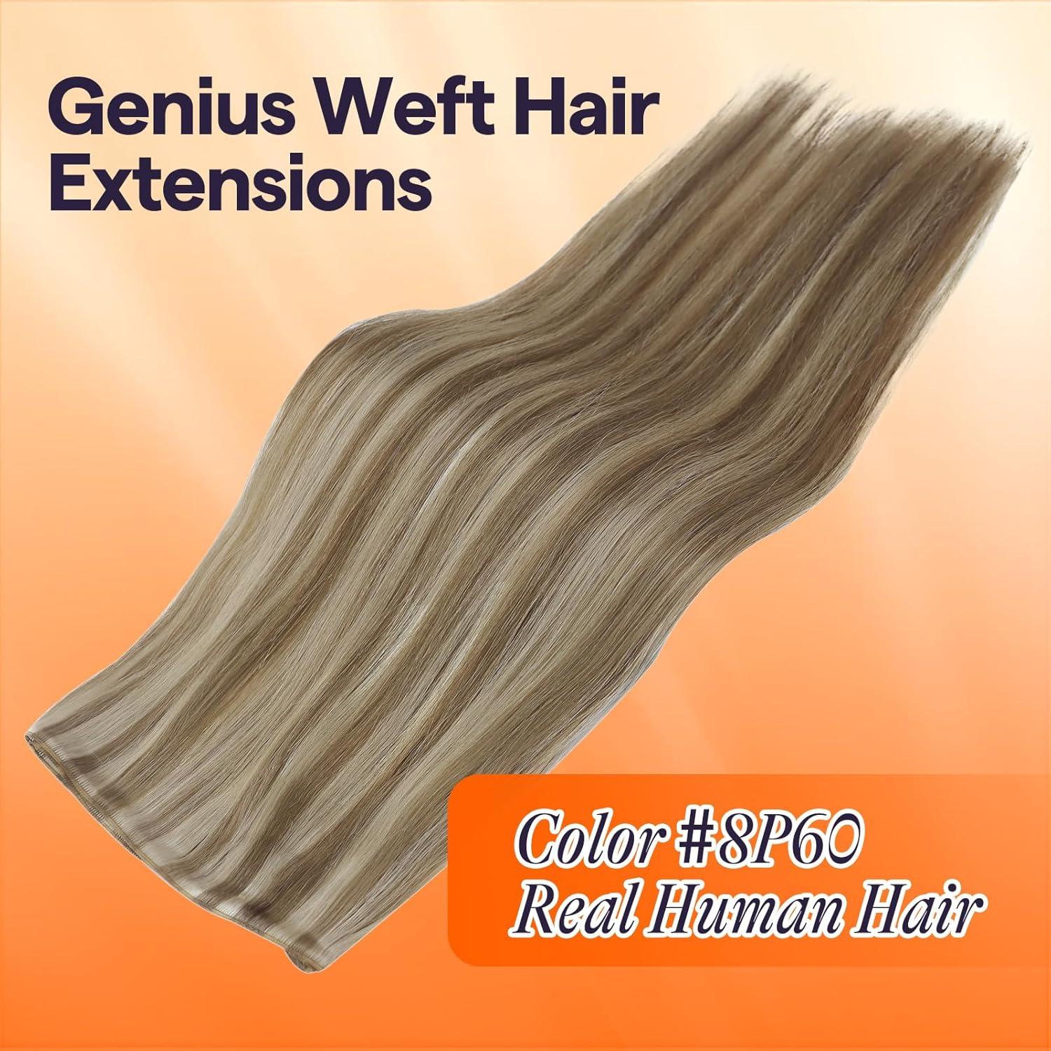 imageFull Shine 22 Inch Genius Weft Hair Extensions Human Hair Hand Tied Hair Extensions Real Human Hair Color Light Brown Highlight Platinum Blonde Human Hair Bundles 60G