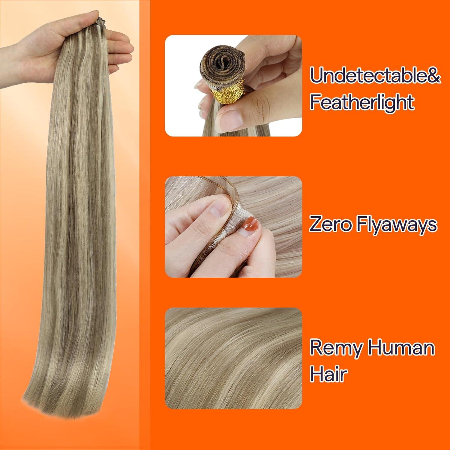 imageFull Shine 22 Inch Genius Weft Hair Extensions Human Hair Hand Tied Hair Extensions Real Human Hair Color Light Brown Highlight Platinum Blonde Human Hair Bundles 60G