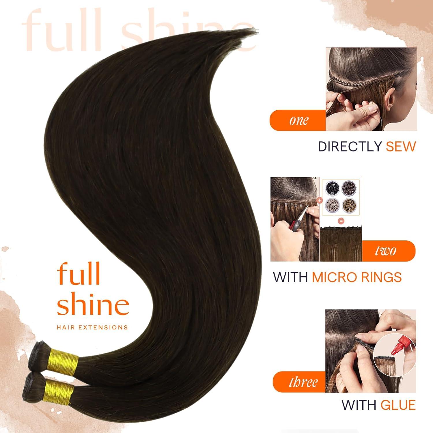 imageFull Shine Genius Weft Hair Extensions 22 Inch 80G Hand Tied Extensions For Women Color Dark Brown Weft Extensions For Thin Hair Sew In Hair Extensions Real Human Hair