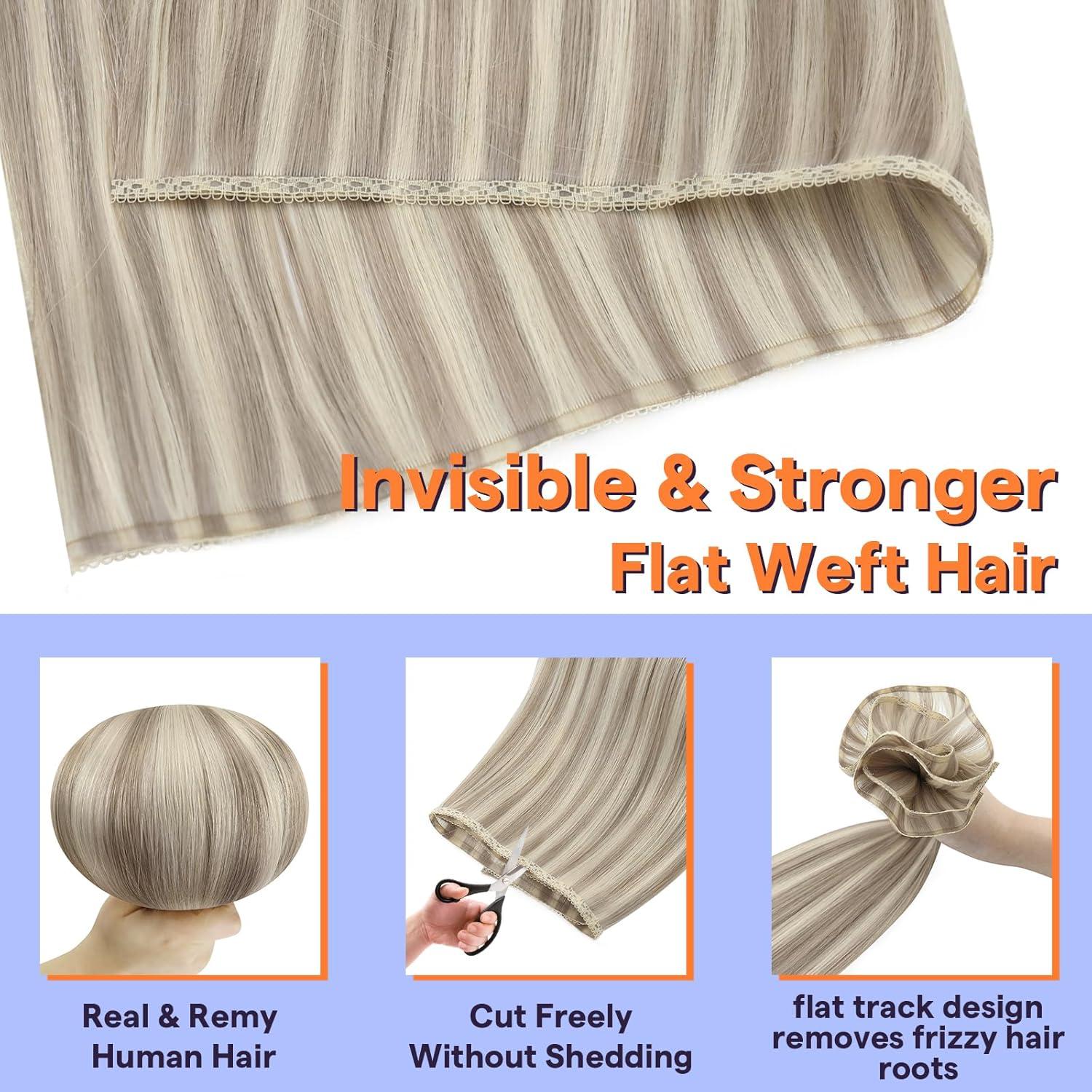 imageFull Shine Sew In Hair Extensions Real Human Hair 20 Inch Color 18P613 Ash Blonde Highlight Bleach Blonde Flat Weft Extensions Soft Remy Hair for Women 80 Grams