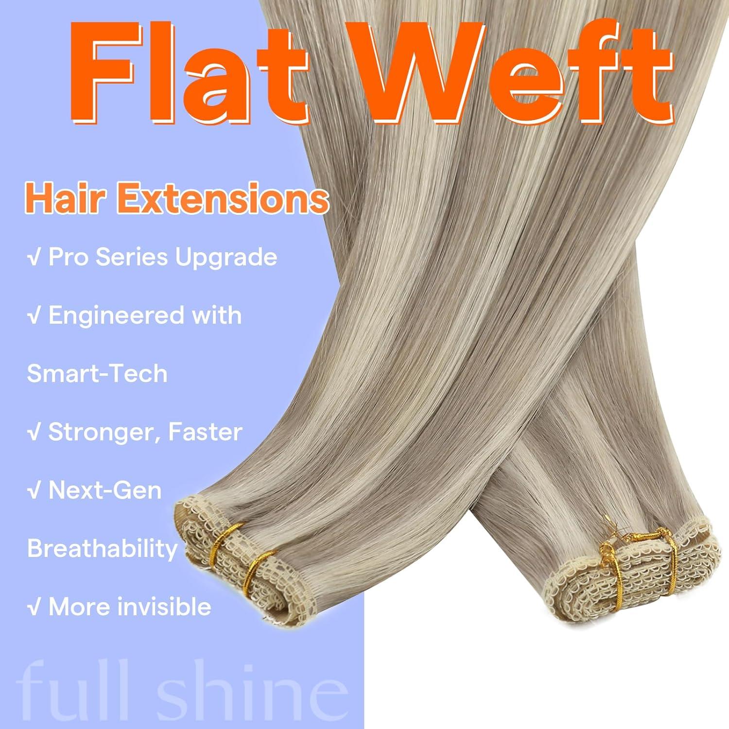 imageFull Shine Sew In Hair Extensions Real Human Hair 20 Inch Color 18P613 Ash Blonde Highlight Bleach Blonde Flat Weft Extensions Soft Remy Hair for Women 80 Grams