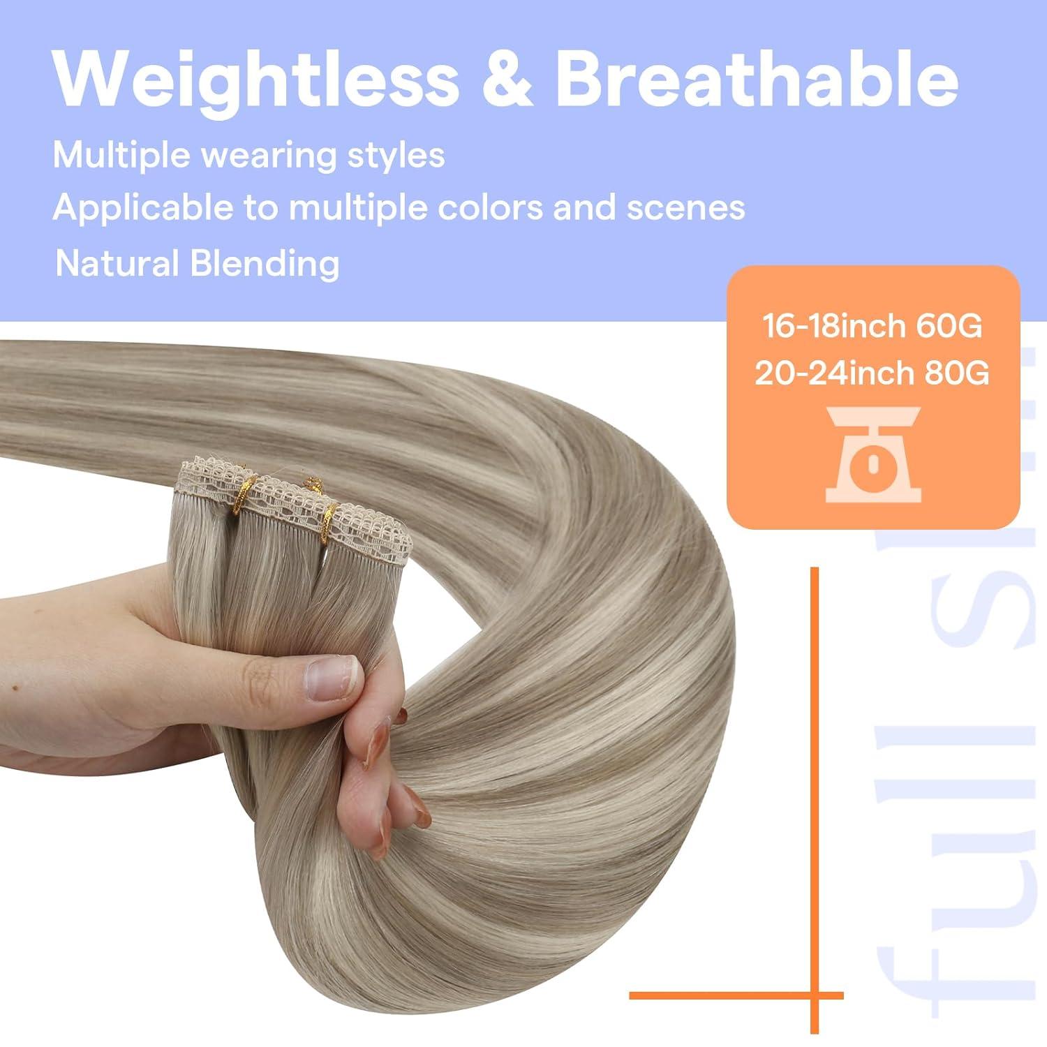 imageFull Shine Sew In Hair Extensions Real Human Hair 20 Inch Color 18P613 Ash Blonde Highlight Bleach Blonde Flat Weft Extensions Soft Remy Hair for Women 80 Grams