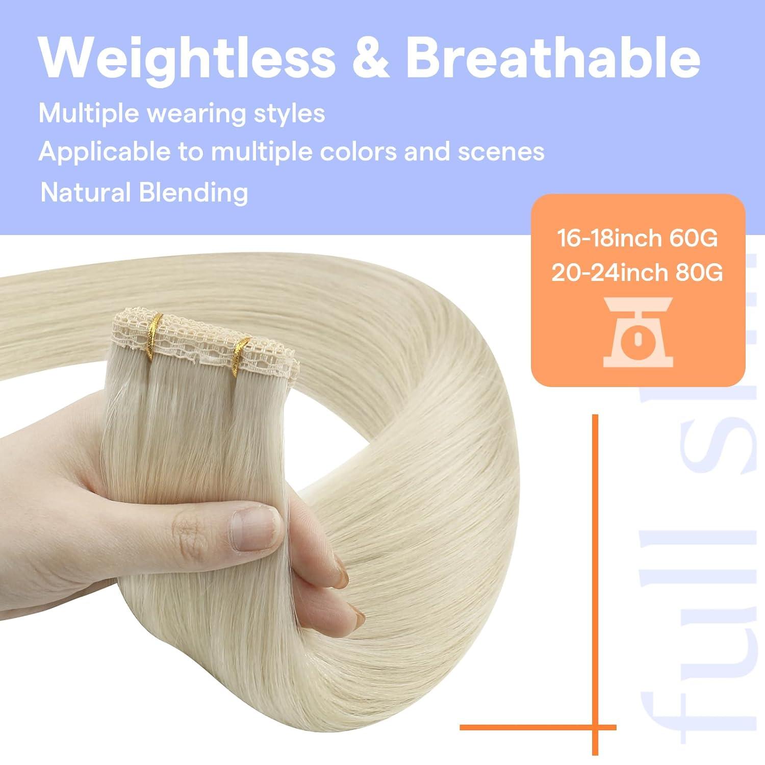 imageFull Shine Sew In Hair Extensions Real Human Hair Color 1000 Lightest Blonde Invisible Weft Hair Extensions Human Hair Soft Flat Track Weft Extensions 18 Inch 60 Grams