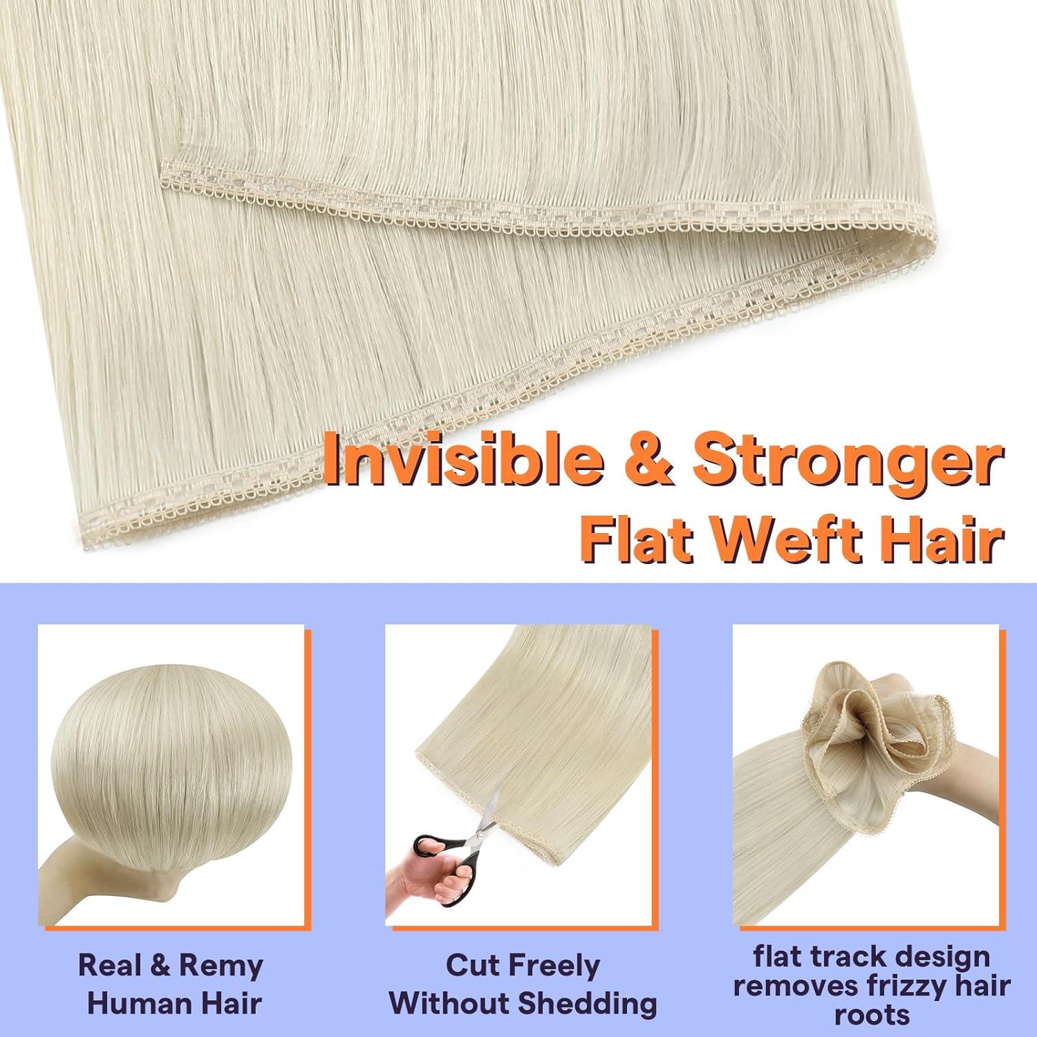 imageFull Shine Sew In Hair Extensions Real Human Hair Color 1000 Lightest Blonde Invisible Weft Hair Extensions Human Hair Soft Flat Track Weft Extensions 18 Inch 60 Grams