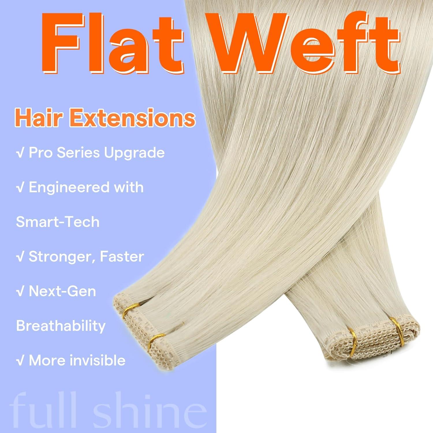imageFull Shine Sew In Hair Extensions Real Human Hair Color 1000 Lightest Blonde Invisible Weft Hair Extensions Human Hair Soft Flat Track Weft Extensions 18 Inch 60 Grams