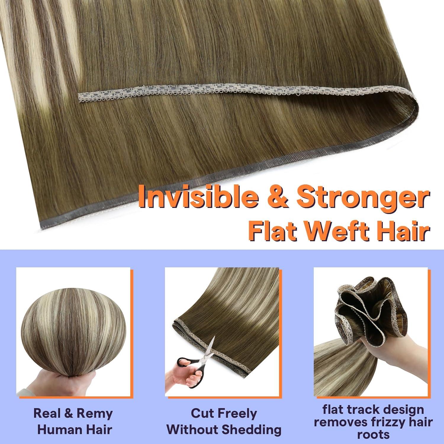 imageFull Shine Sew In Hair Extensions Real Human Hair Color Olive Brown To Ash Brown Highlight Medium Blonde Weft Hair Extensions Human Hair 20 Inch Straight Remy Hair 80 Grams