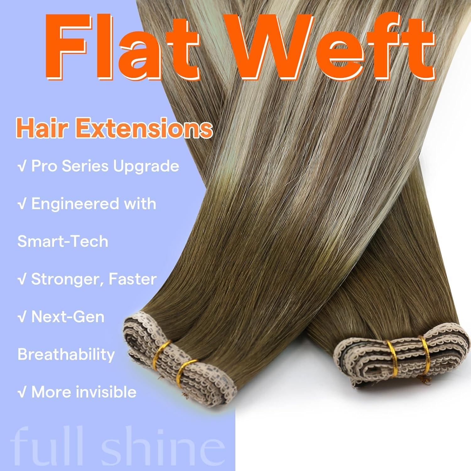 imageFull Shine Sew In Hair Extensions Real Human Hair Color Olive Brown To Ash Brown Highlight Medium Blonde Weft Hair Extensions Human Hair 20 Inch Straight Remy Hair 80 Grams