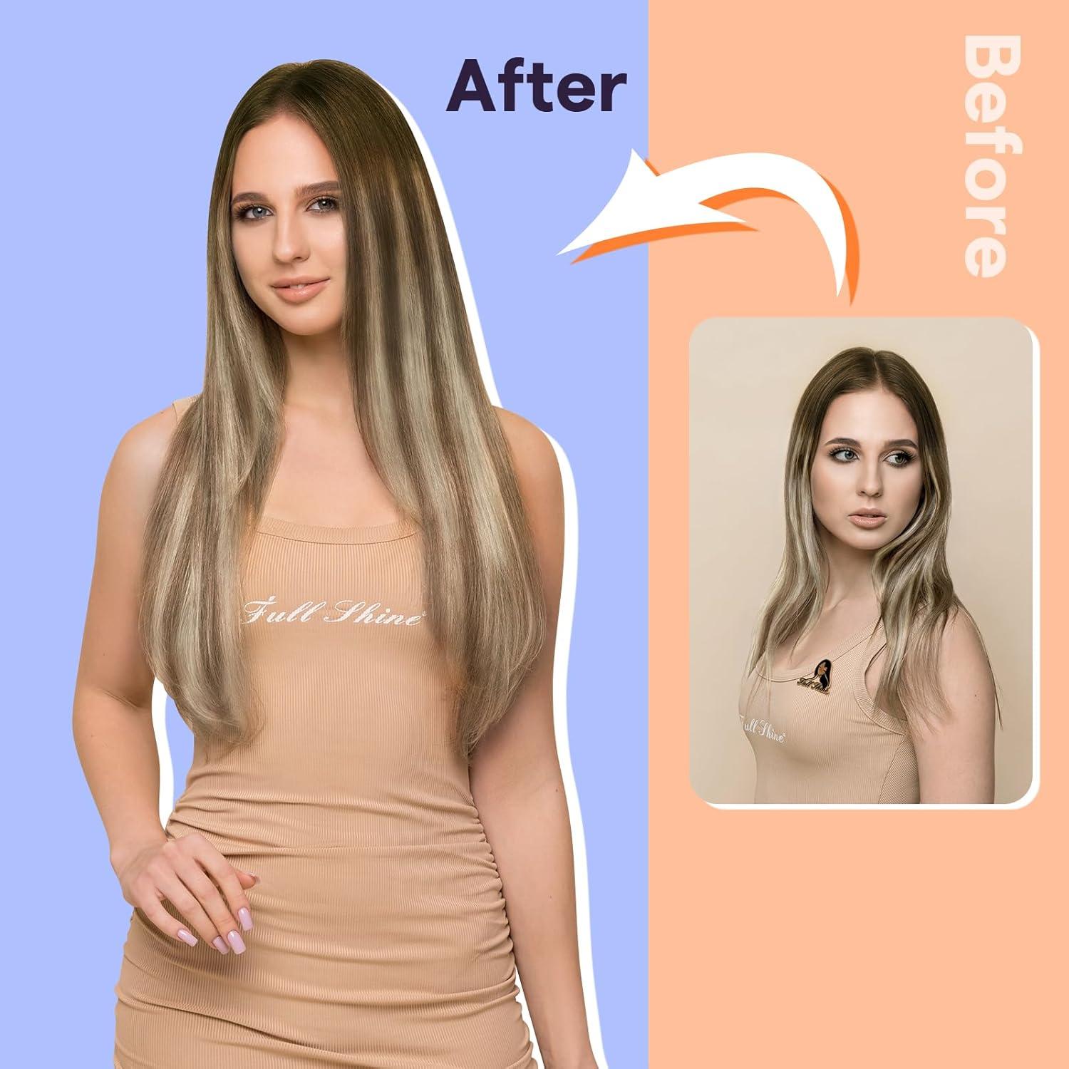 imageFull Shine Sew In Hair Extensions Real Human Hair Color Olive Brown To Ash Brown Highlight Medium Blonde Weft Hair Extensions Human Hair 20 Inch Straight Remy Hair 80 Grams