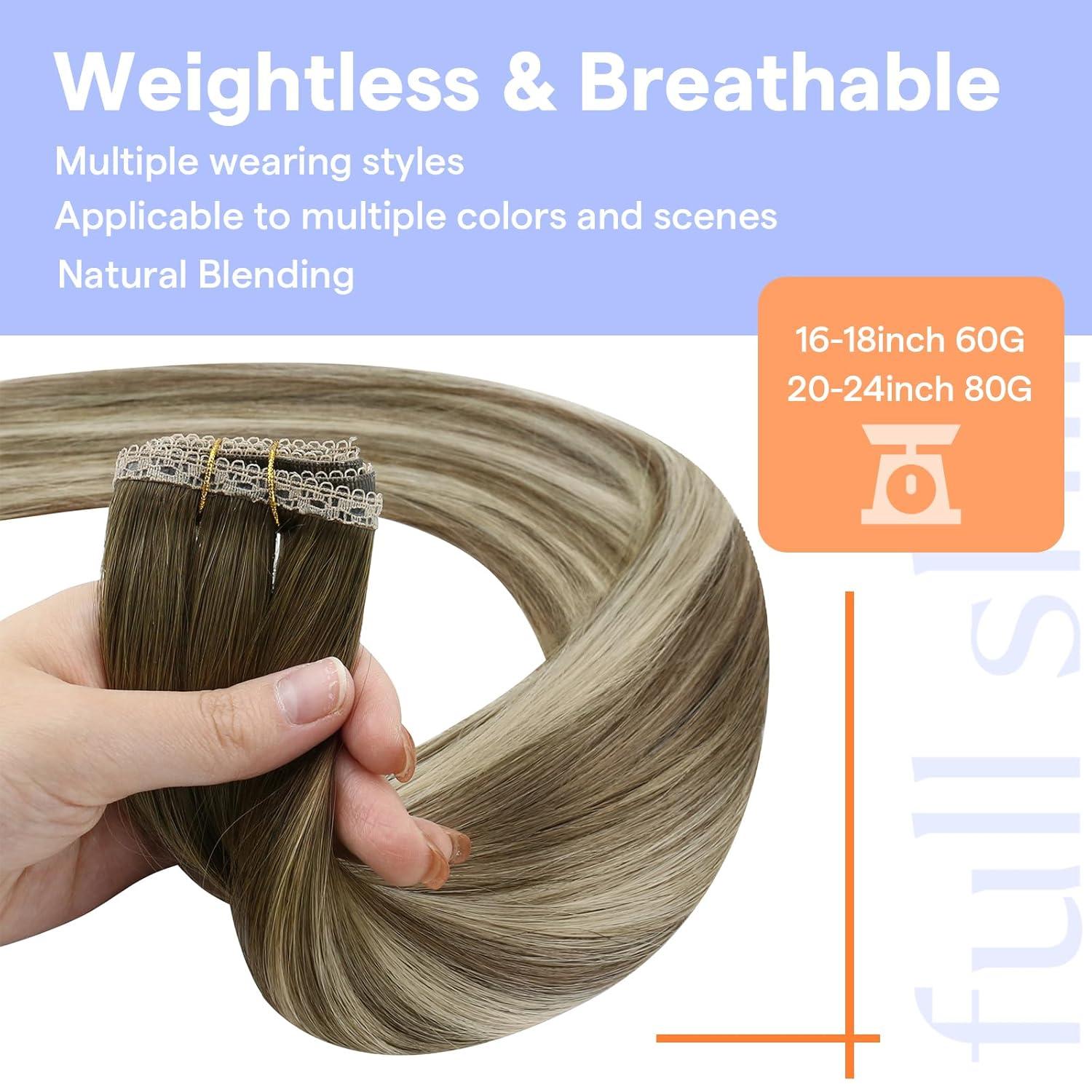 imageFull Shine Sew In Hair Extensions Real Human Hair Color Olive Brown To Ash Brown Highlight Medium Blonde Weft Hair Extensions Human Hair 20 Inch Straight Remy Hair 80 Grams