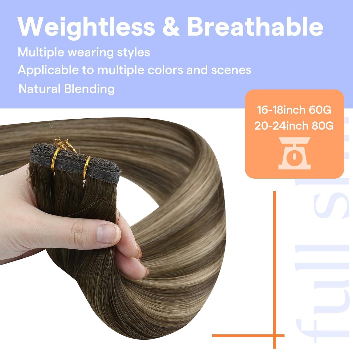 imageFull Shine Weft Extensions Real Human Hair Color 4244 Medium Brown to Honey Blonde Mix Brown 20 Inch Sew In Weft Remy Human Hair Straight Hair Extensions 80 Grams