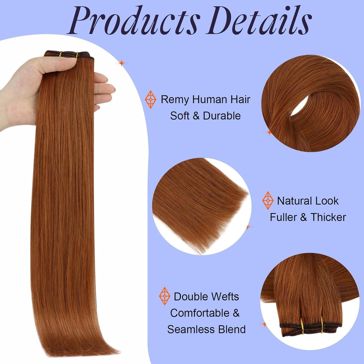 imageFull Shine Weft Extensions Real Remy Hair Sew In Weft Hair Extensions Copper 550 Invisible Soft Human Hair 20 Inch 105 Grams Long Straight Bundles Human Hair Auburn Red Hair for Party
