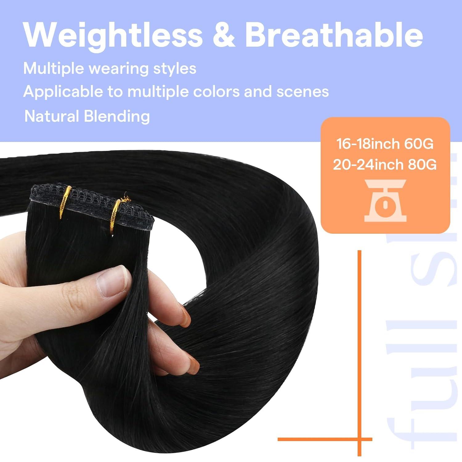 imageFull Shine Weft Hair Extensions Human Hair Color Jet Black Real Human Hair Extensions Sew In 22 Inch Seamless Track Hair Extensions for Thin Hair 80 Grams