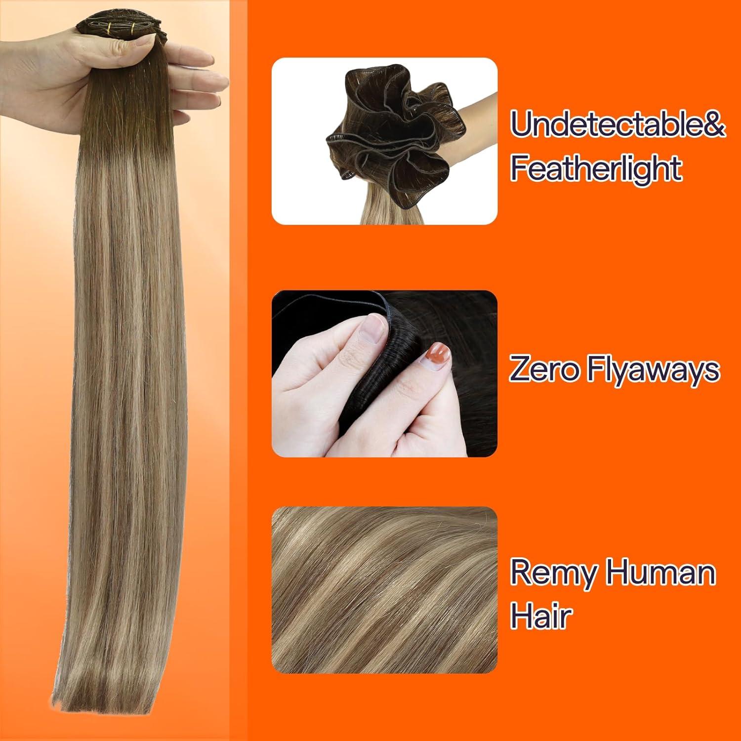 imageFull Shine Weft Hair Extensions Human Hair Sew In Hand Tied Weft Extensions Color Brown With Light Blonde Highlights Walnut Brown 3822 Straight Remy Hair 60G 22 Inch