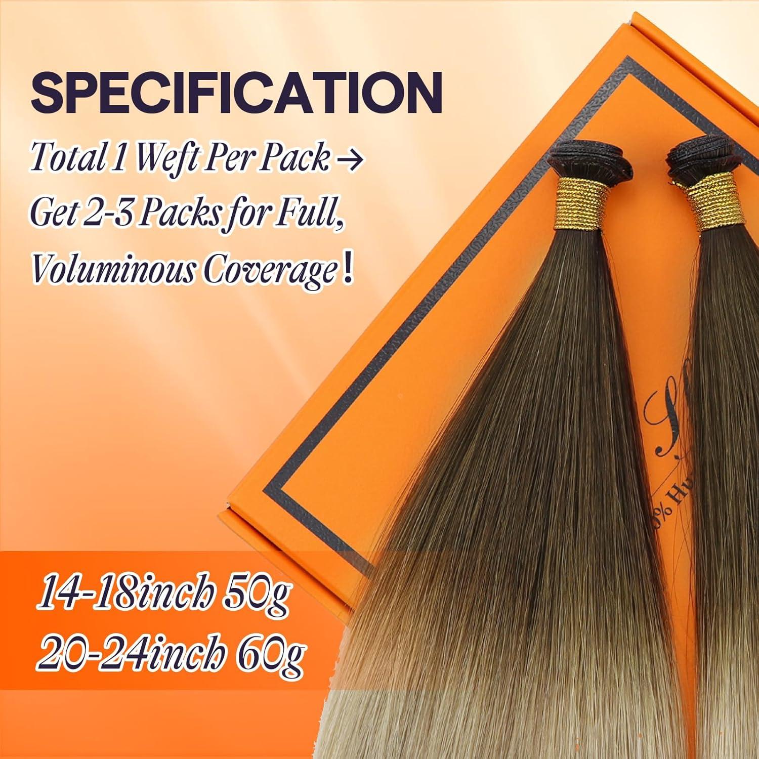 imageFull Shine Weft Hair Extensions Human Hair Sew In Hand Tied Weft Extensions Color Brown With Light Blonde Highlights Walnut Brown 3822 Straight Remy Hair 60G 22 Inch