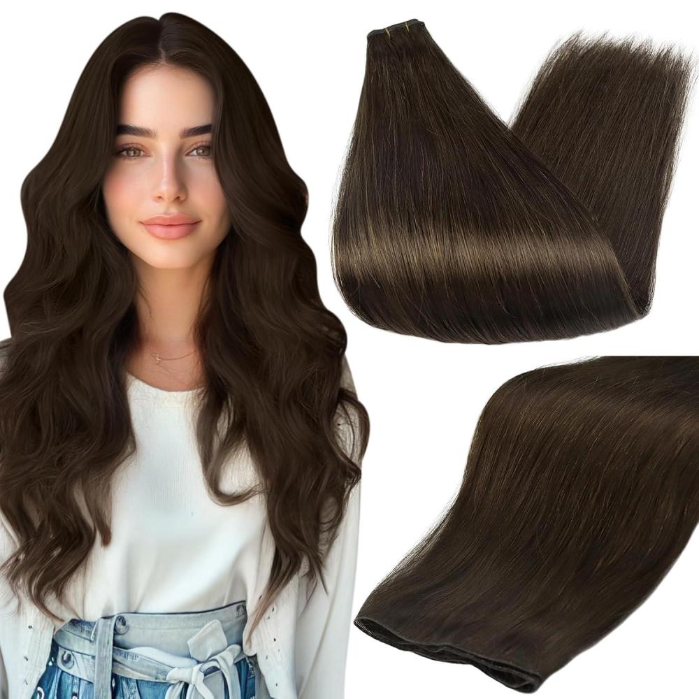 imageFull Shine Genius Weft Hair Extensions 22 Inch 80G Hand Tied Extensions For Women Color Dark Brown Weft Extensions For Thin Hair Sew In Hair Extensions Real Human Hair