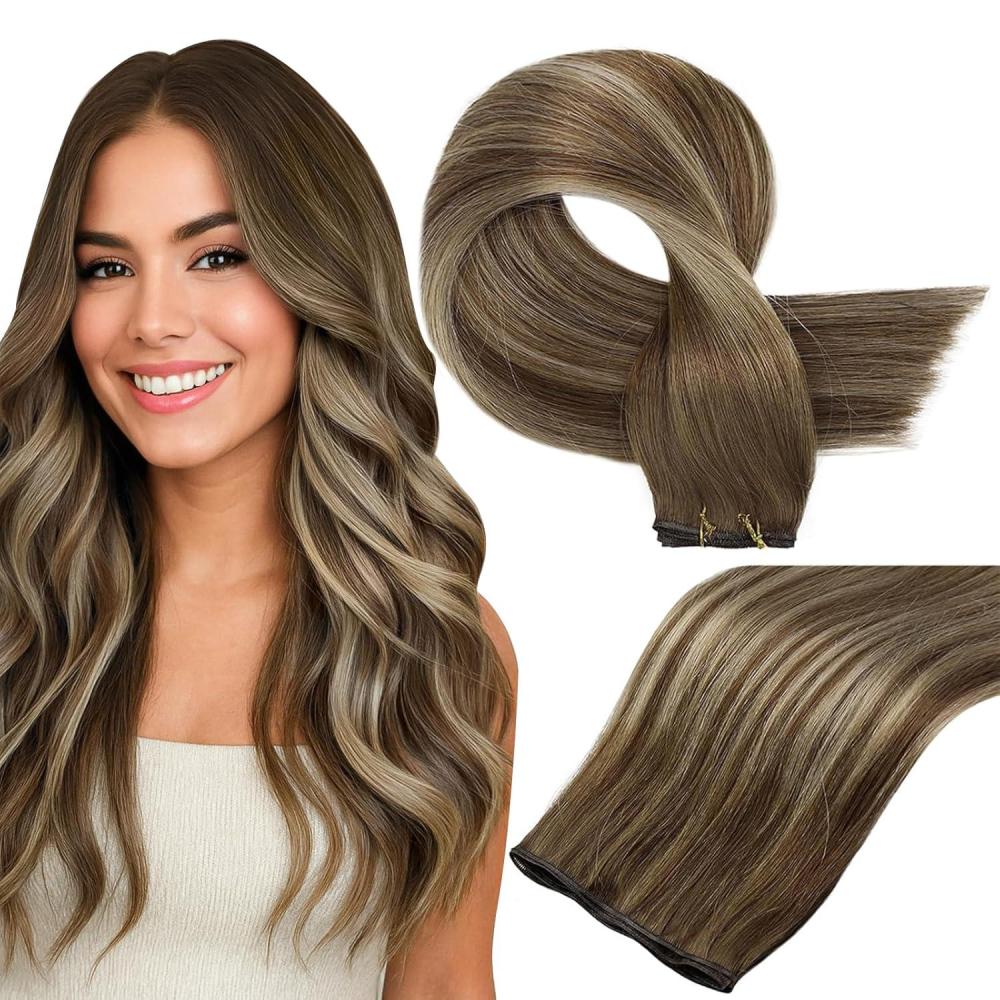imageFull Shine Ombre Hair Extensions Real Human Hair Sew In Hand Tied Weft Hair Extensions Human Hair Medium Brown To Honey Blonde Mix Medium Brown Real Human Hair 60G 22 Inch