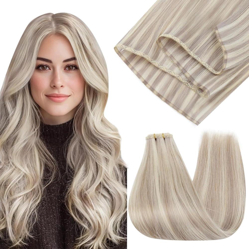 imageFull Shine Sew In Hair Extensions Real Human Hair 20 Inch Color 18P613 Ash Blonde Highlight Bleach Blonde Flat Weft Extensions Soft Remy Hair for Women 80 Grams