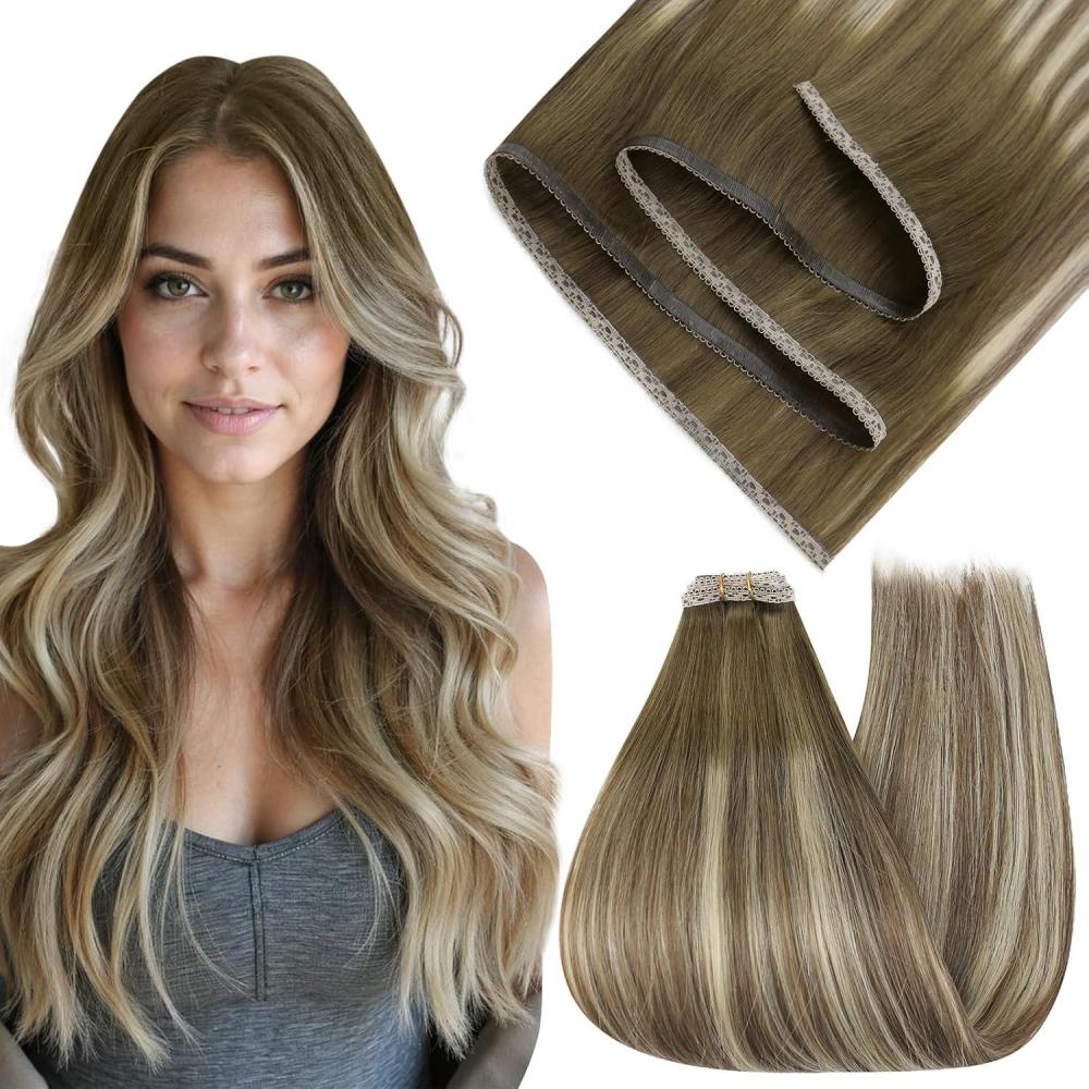 imageFull Shine Sew In Hair Extensions Real Human Hair Color Olive Brown To Ash Brown Highlight Medium Blonde Weft Hair Extensions Human Hair 20 Inch Straight Remy Hair 80 Grams
