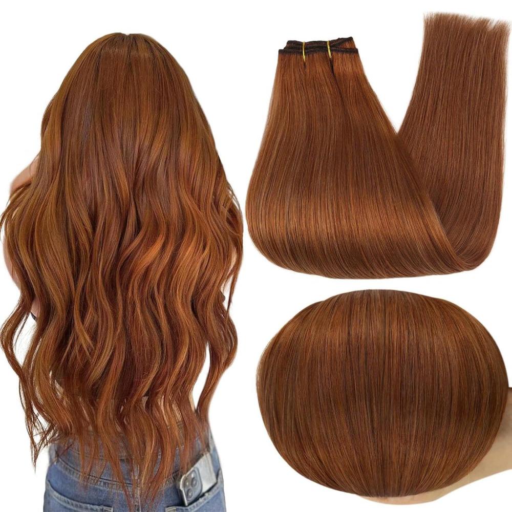 imageFull Shine Weft Extensions Real Remy Hair Sew In Weft Hair Extensions Copper 550 Invisible Soft Human Hair 20 Inch 105 Grams Long Straight Bundles Human Hair Auburn Red Hair for Party