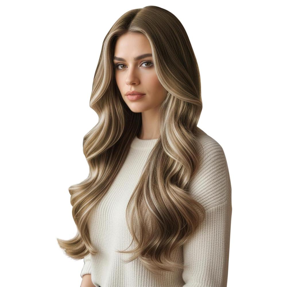 imageFull Shine Wide Tape in Extensions 18 Inch Genius Long Weft Tape in Hair Extensions Color 18613 Ash Blonde Highlighted Blonde Extensions for Women Real Hair 4PCS 120g for Wedding 3 Brown Fading 8 Brown and 22 Blonde Genius Set