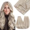imageFull Shine Sew In Hair Extensions Real Human Hair 20 Inch Color 18P613 Ash Blonde Highlight Bleach Blonde Flat Weft Extensions Soft Remy Hair for Women 80 Grams