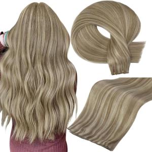 imageFull Shine 22 Inch Genius Weft Hair Extensions Human Hair Hand Tied Hair Extensions Real Human Hair Color Light Brown Highlight Platinum Blonde Human Hair Bundles 60G