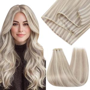 imageFull Shine Sew In Hair Extensions Real Human Hair 20 Inch Color 18P613 Ash Blonde Highlight Bleach Blonde Flat Weft Extensions Soft Remy Hair for Women 80 Grams