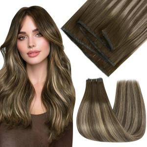 imageFull Shine Weft Extensions Real Human Hair Color 4244 Medium Brown to Honey Blonde Mix Brown 20 Inch Sew In Weft Remy Human Hair Straight Hair Extensions 80 Grams