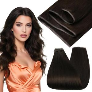imageFull Shine Weft Hair Extensions Human Hair 22 Inch Sew In Hair Extensions Real Human Hair Color Dark Brown Lace Base Flat Track Weft Hair Extensions 80 Grams for Women