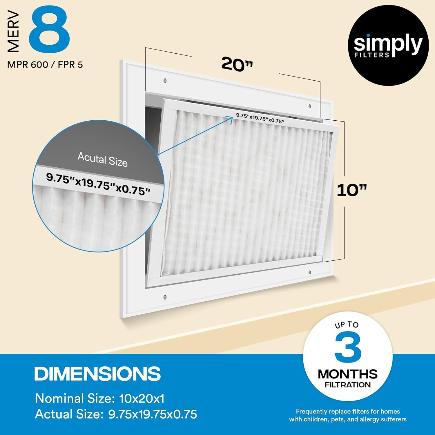 imageSimply 10x20x1 Air Filter Merv 8 MPR 600 4 Pack Furnace Air Filter for HVAC Actual Size 975quotx1975quotx075quot DUST Pet ampamp Allergy Control