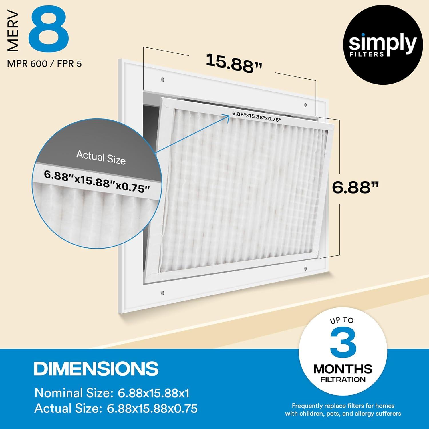 imageSimply 688x1588x1 Air Filter Merv 8 MPR 600 6 Pack For Home AC Furnace ampamp HVAC Actual Size 663quotx1563quotx075quot DUST Pet ampamp Allergy Control