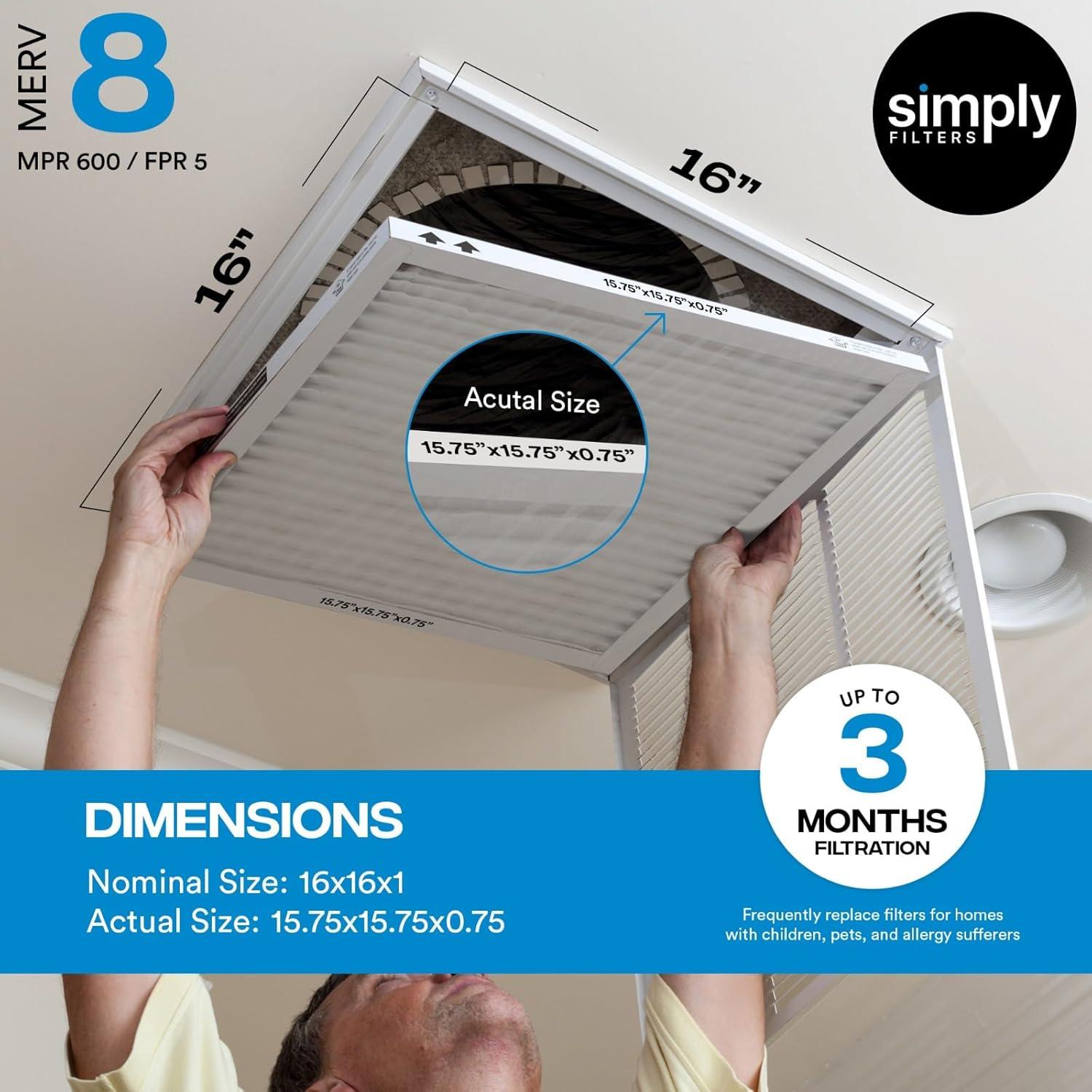 imageSimply 16x16x1 Air Filter Merv 8 MPR 600 4 Pack For Home AC Furnace ampamp HVAC Actual Size 1575quotx1575quotx075quot DUST Pet ampamp Allergy Control