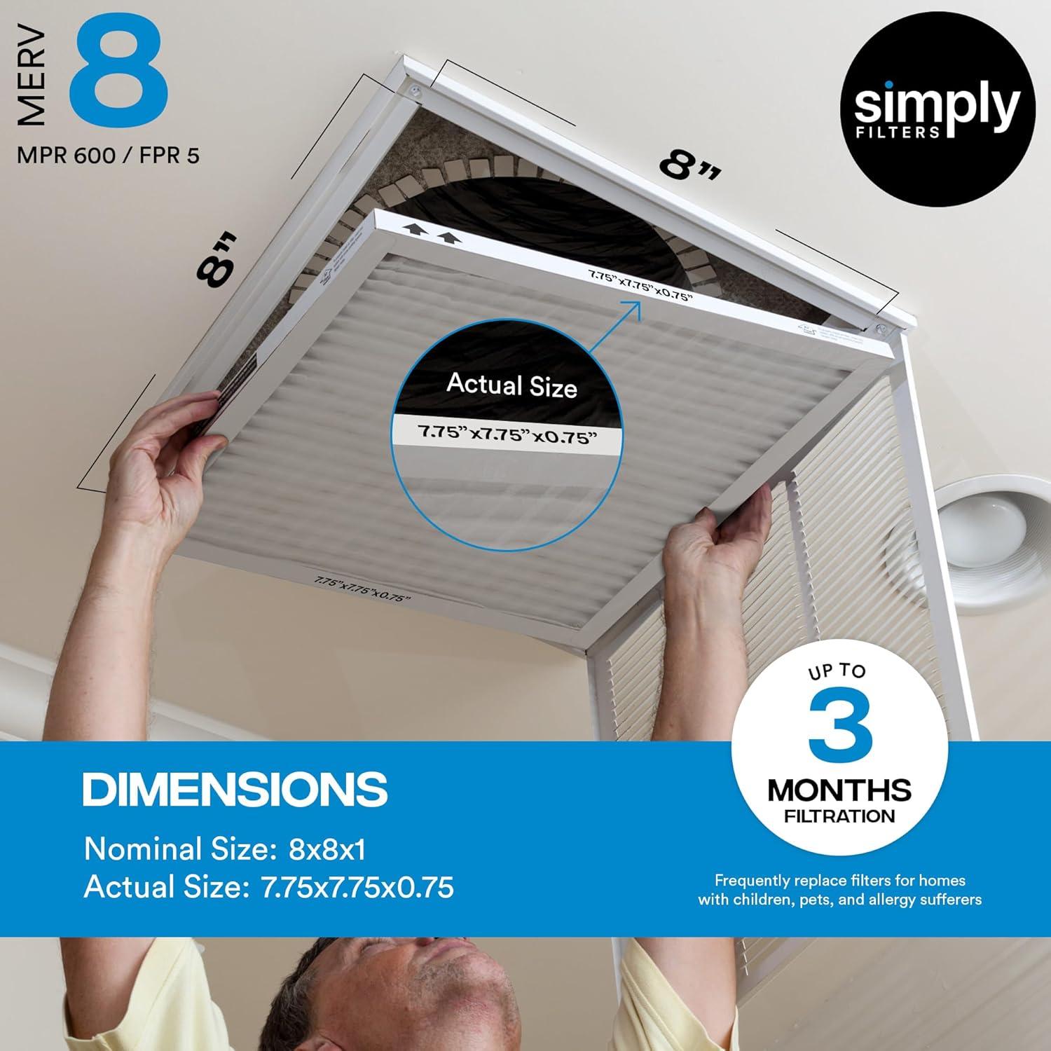 imageSimply 8x8x1 Air Filter Merv 8 MPR 600 3 Pack For Home AC Furnace ampamp HVAC Actual Size 775quotx775quotx075quot DUST Pet ampamp Allergy Control