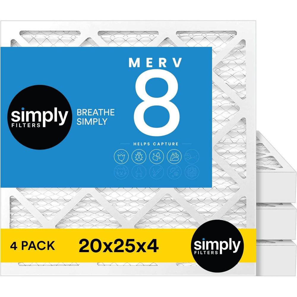 imageSimply 20x25x4 Air Filter MERV 8 MPR 600 4 Pack For Home AC Furnace ampamp HVAC Actual Size 195x245x36 DUST Pet ampamp Allergy Control