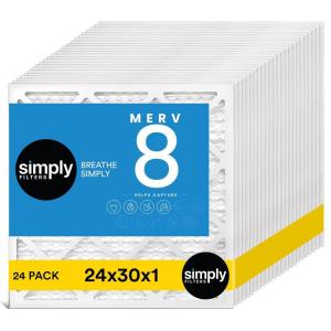 imageSimply 24x30x1 Air Filter MERV 8 MPR 600 24 Pack For Home AC Furnace ampamp HVAC Actual Size 2375quotx2975quotx075quot DUST Pet ampamp Allergy Control