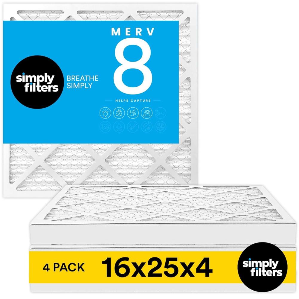 imageSimply 16x25x4 Air Filter MERV 8 MPR 600 4 Pack For Home AC Furnace ampamp HVAC Actual Size 155quotx245quotx363quot DUST Pet ampamp Allergy Control